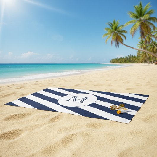 Nautische Navy Blue & White Strip Custom Monogram Strandtuch