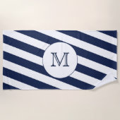 Nautische Navy Blue & White Strip Custom Monogram Strandtuch (Vorderseite)