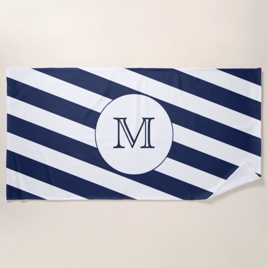 Nautische Navy Blue & White Strip Custom Monogram Strandtuch (Vorderseite)