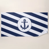 Nautische Navy Blue & White Stripe Anchor Strandtuch (Vorderseite)