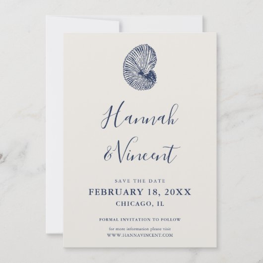 Nautische Navy Conch Save the Date Karte (Vorderseite)