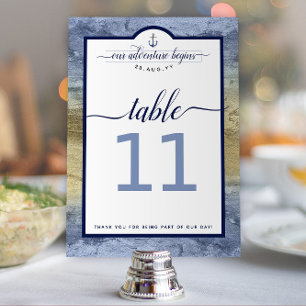 Nautische Navy Stahlblaue und Goldene Hochzeit Tischnummer