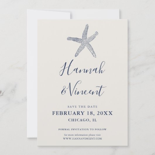 Nautische Navy Starfish Save the Date Card (Vorderseite)
