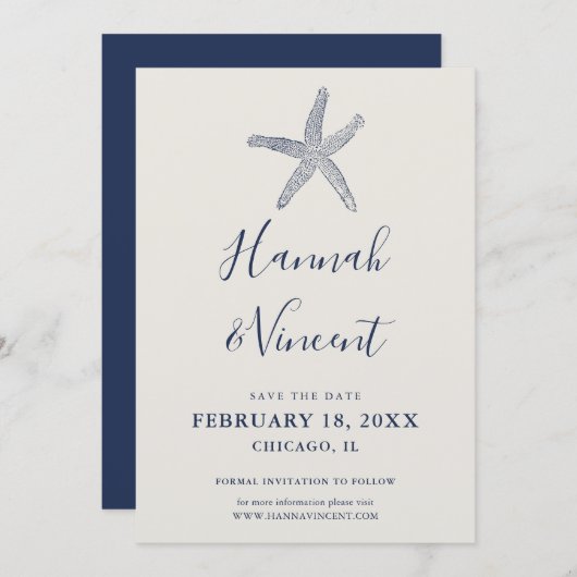 Nautische Navy Starfish Save the Date Card (Vorne/Hinten)