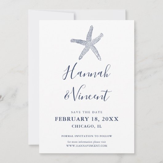 Nautische Navy Starfish Save the Date Card (Vorderseite)