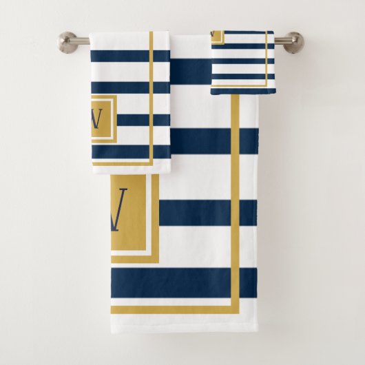 Nautische Navy Streifen Custom Monogram Badhandtuch Set (Insitu)
