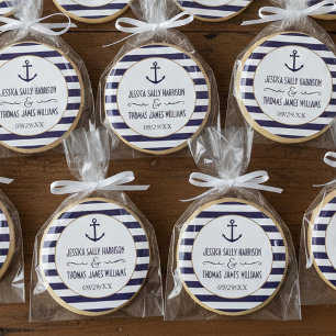 Nautische Navy & White Strip Anker Gastgeschenk Ho Runder Aufkleber