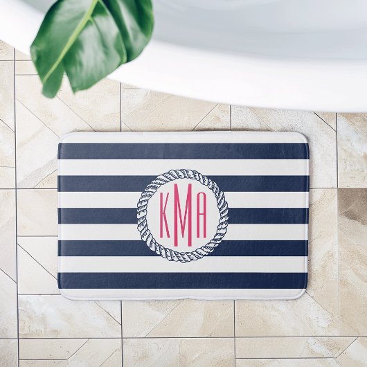 Nautische Navy & White Strip mit rosa Monogramm Badematte