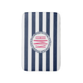 Nautische Navy & White Strip mit rosa Monogramm Badematte (Vorderseite Vertikal)
