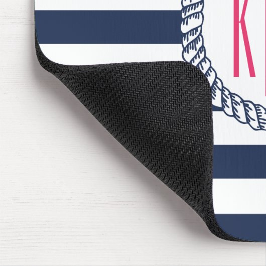 Nautische Navy & White Strip mit rosa Monogramm Mousepad (Ecke)
