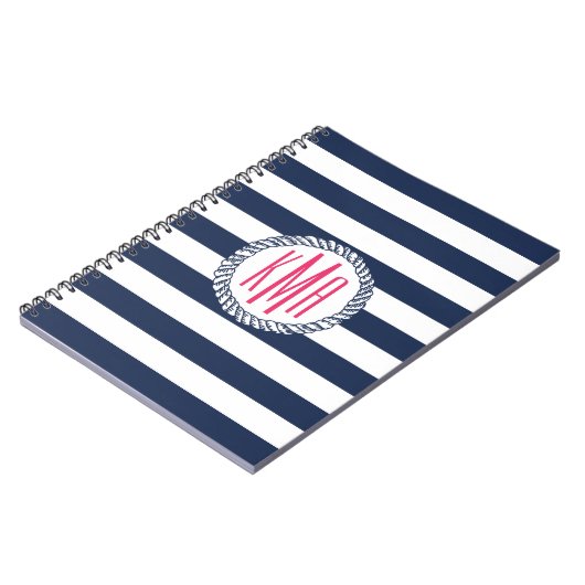 Nautische Navy & White Strip mit rosa Monogramm Notizblock (Linke Seite)