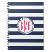 Nautische Navy & White Strip mit rosa Monogramm Notizblock (Vorderseite)