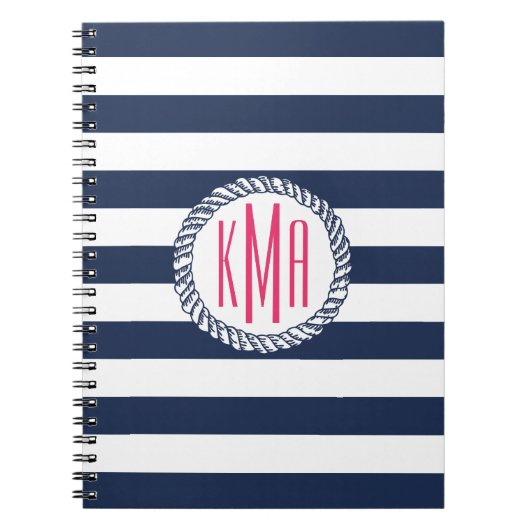 Nautische Navy & White Strip mit rosa Monogramm Notizblock (Vorderseite)