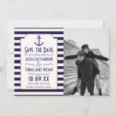 Nautische Navy & White Stripe Anchor Hochzeitsstif Save The Date (Vorderseite)