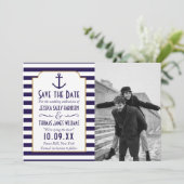 Nautische Navy & White Stripe Anchor Hochzeitsstif Save The Date (Stehend Vorderseite)