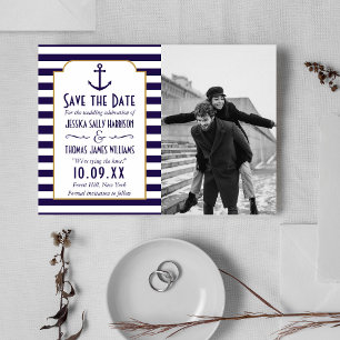 Nautische Navy & White Stripe Anchor Hochzeitsstif Save The Date