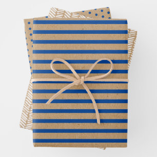 Nautische Navyblaue Linien Faux-Rustikal-Braun-Kra Geschenkpapier Set