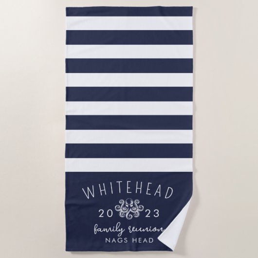 Nautische Octopus Stripe Navy Monogram Strandtuch (Vorderseite)