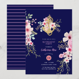 Nautische Pensionierung lädt Navy Blue Pink Floral Einladung
