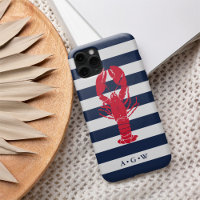 Nautische Preppy Navy Stripe & Lobster | Monogramm