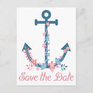 Nautische Save-The-Date-Anker-Blumen Blau & Rosa Ankündigungspostkarte