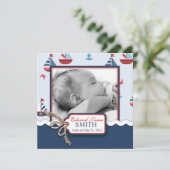 Nautische Schiffe Ahoy! Geburtsankündigung SQ Einladung (Stehend Vorderseite)