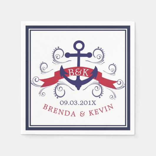 Nautische Schiffsanker & elegante Wirbel Monogramm Serviette (Vorderseite)