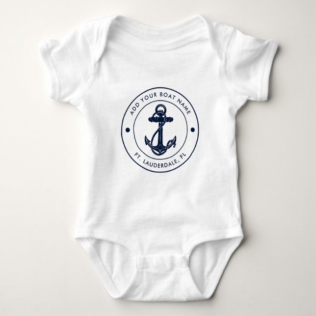 Nautische Schiffsname Navy Blue Anchor Schiff Cust Baby Strampler (Vorderseite)