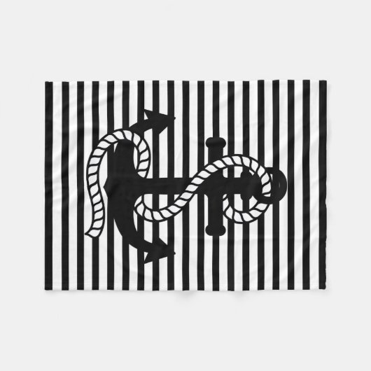 Nautische Schwarz-weiße Streifen und schwarzer Ank Fleecedecke (Vorderseite (Horizontal))