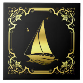 Nautische Segelboote Silhouette/Gold/Schwarz Fliese