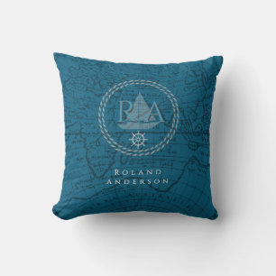 Nautische Seil-Monogramm-Karte Blau Kissen
