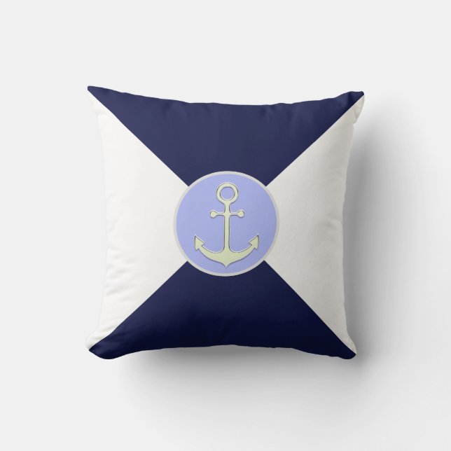 Nautische Silver Anchor auf Navy Blue & White Kissen (Vorderseite)