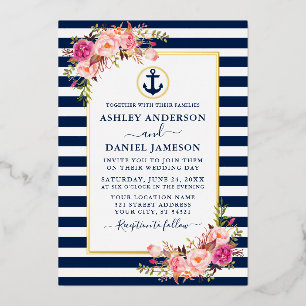 Nautische Streifen Aquarell Rosa Blumen Blau Gold Folieneinladung