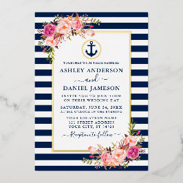 Nautische Streifen Aquarellfarben Rosa Bläserblau  Folieneinladung