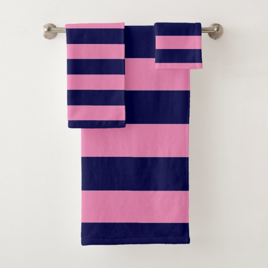 Nautische Streifen Navy Blue und Light Pink Badhandtuch Set (Insitu)