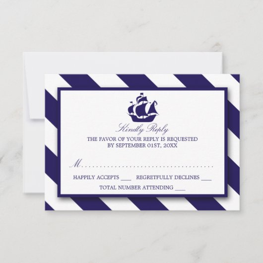 Nautische Streifen und blaues Schiff Hochzeit RSVP (Vorderseite)