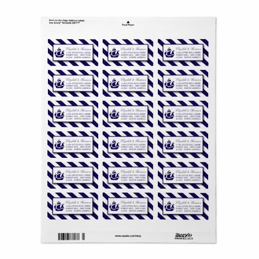 Nautische Streifen und Hochzeit eines blauen Schif Adressaufkleber (Vorne)