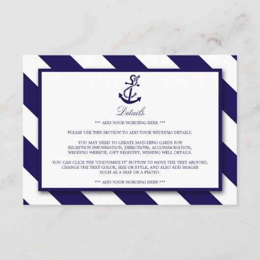 Nautische Streifen und Hochzeitsdetails der Navy-B Begleitkarte (Vorderseite)