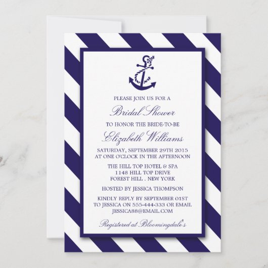 Nautische Streifen und Navy Blue Anchor Brautparty Einladung (Vorderseite)