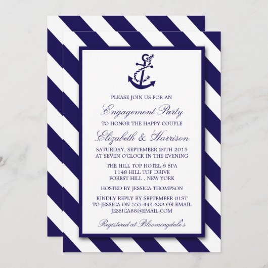 Nautische Streifen und Navy Blue Anchor Verlobung Einladung (Vorne/Hinten)