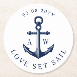 Nautische Theme Anker benutzerdefinierte Monogramm Runder Pappuntersetzer