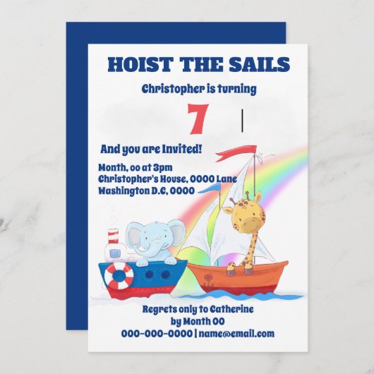 Nautische Tiere Segelschiffe JEDES ALTER Kinder Pa Einladung (Vorne/Hinten)