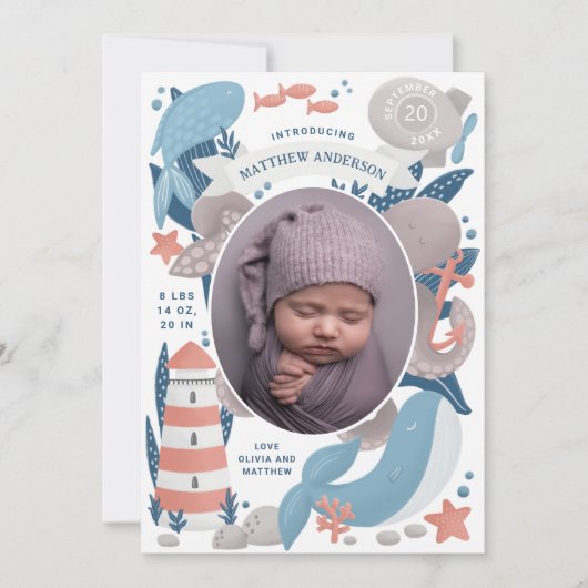 Nautische Unterwassertiere & Leuchtturm. Geburt Ankündigung (Vorderseite)