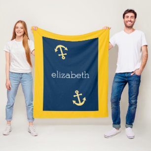 Nautische Verankerung mit Zickzack Navy-Yellow-Mus Fleecedecke