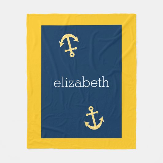 Nautische Verankerung mit Zickzack Navy-Yellow-Mus Fleecedecke (Vorderseite)