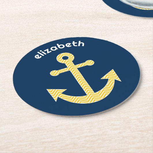 Nautische Verankerung mit Zickzack Navy-Yellow-Mus Runder Pappuntersetzer (Angewinkelt)