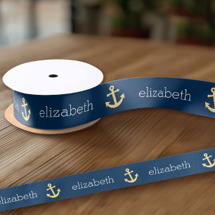 Nautische Verankerung mit Zickzack Navy-Yellow-Mus Satinband