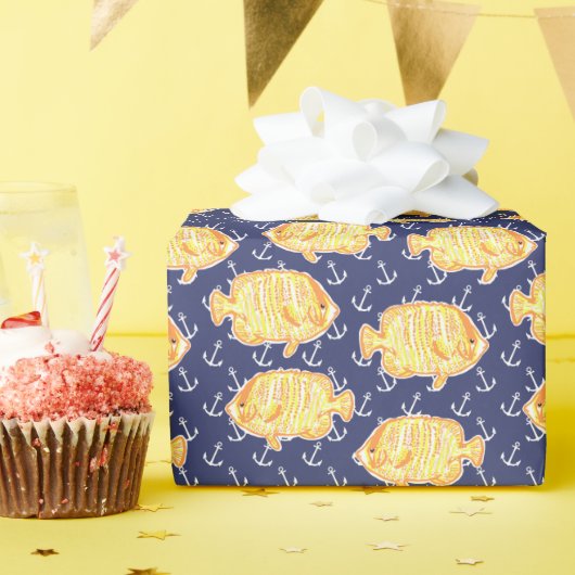 Nautische Verankerung und tropisches Fischmuster Geschenkpapier (Geburtstagsparty)