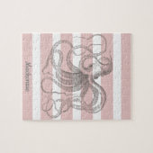 Nautische Vintage Octopus Küste Pink Streifen Puzzle (Horizontal)