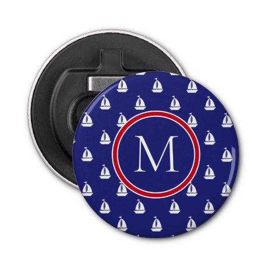 Nautische weiße Segelboote auf Navy Blue Monogram Flaschenöffner (Vorderseite)